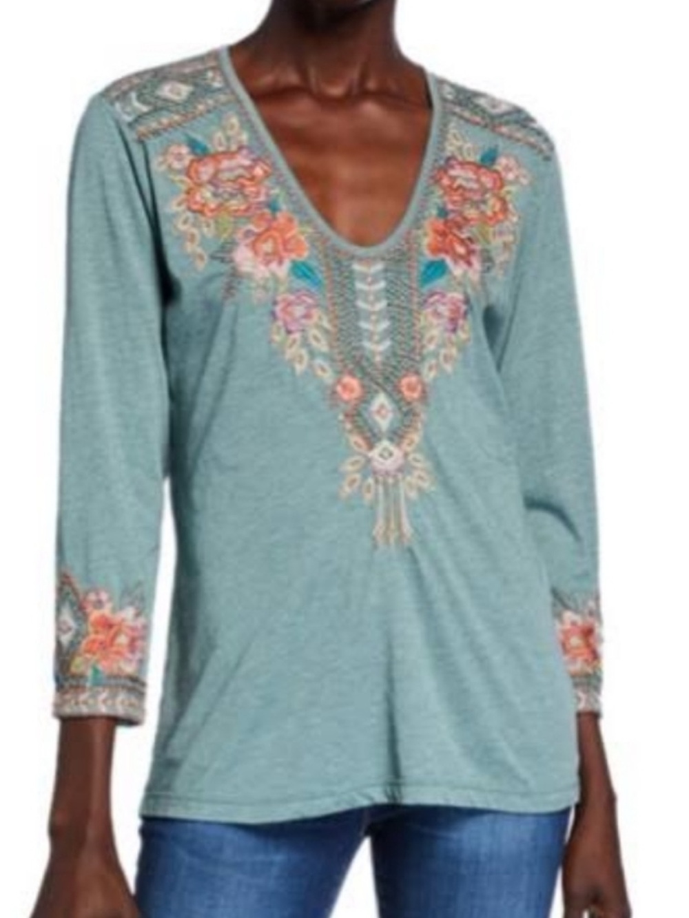 JOHNNY WAS pristine Embroidered V-Neck Women’s Top in Teal with Floral Accents
